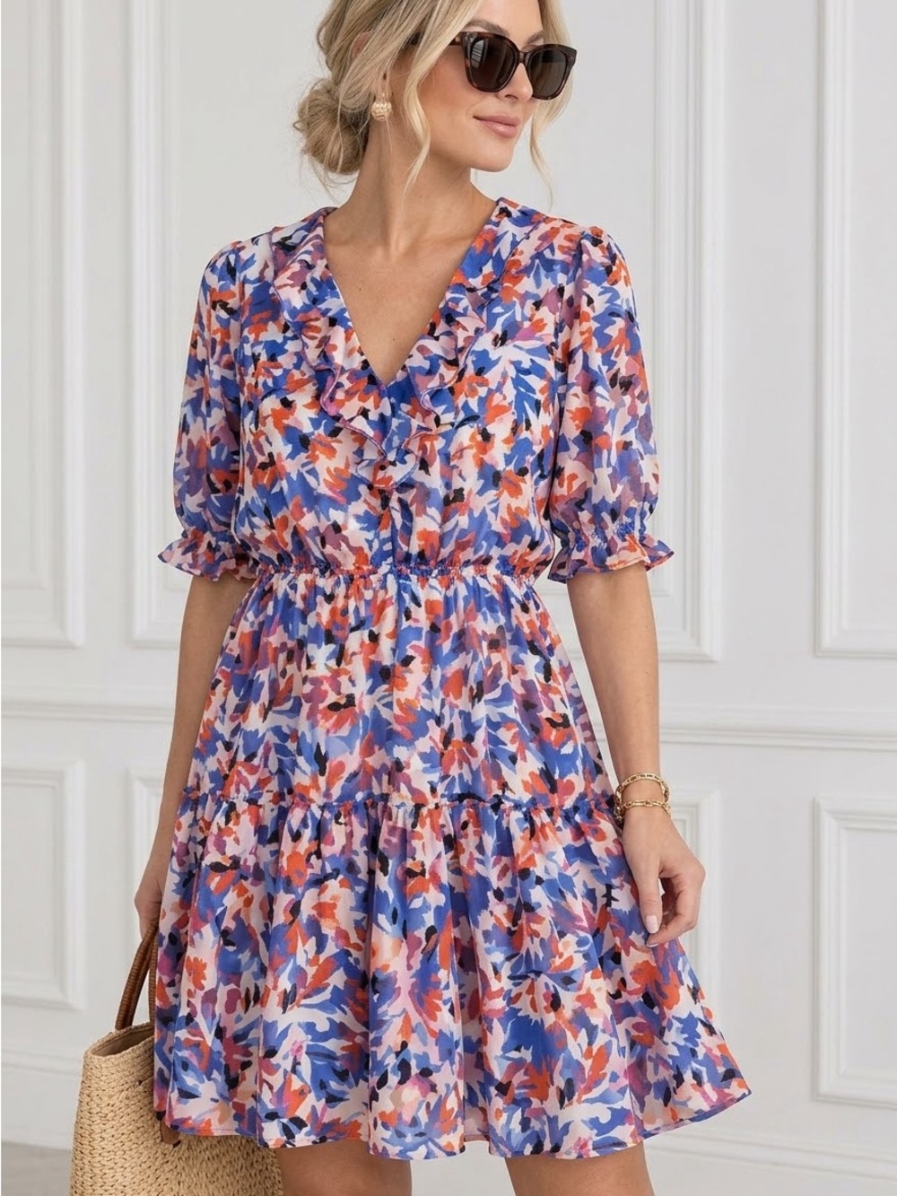 Ralph Lauren Multicolor Floral Ruffle V-Neck Dress